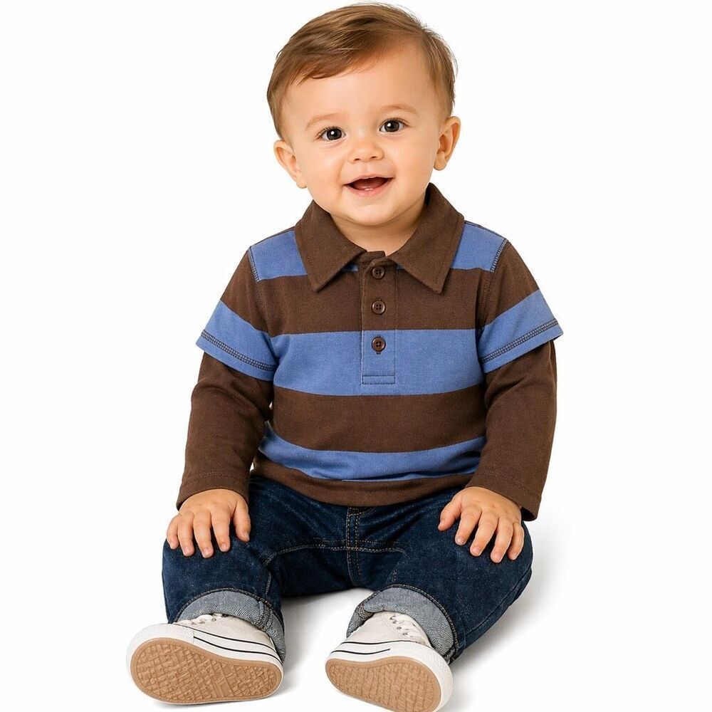 Specialty Baby Boys 12M Layered Polo Shirt Brown Blue Stripe 100% Cotton NWT
